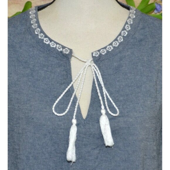 Roaman's Chambray Boho Long Bell Sleeve Pullover Lace Trim Tunic Blouse Size 22W - Picture 3 of 12